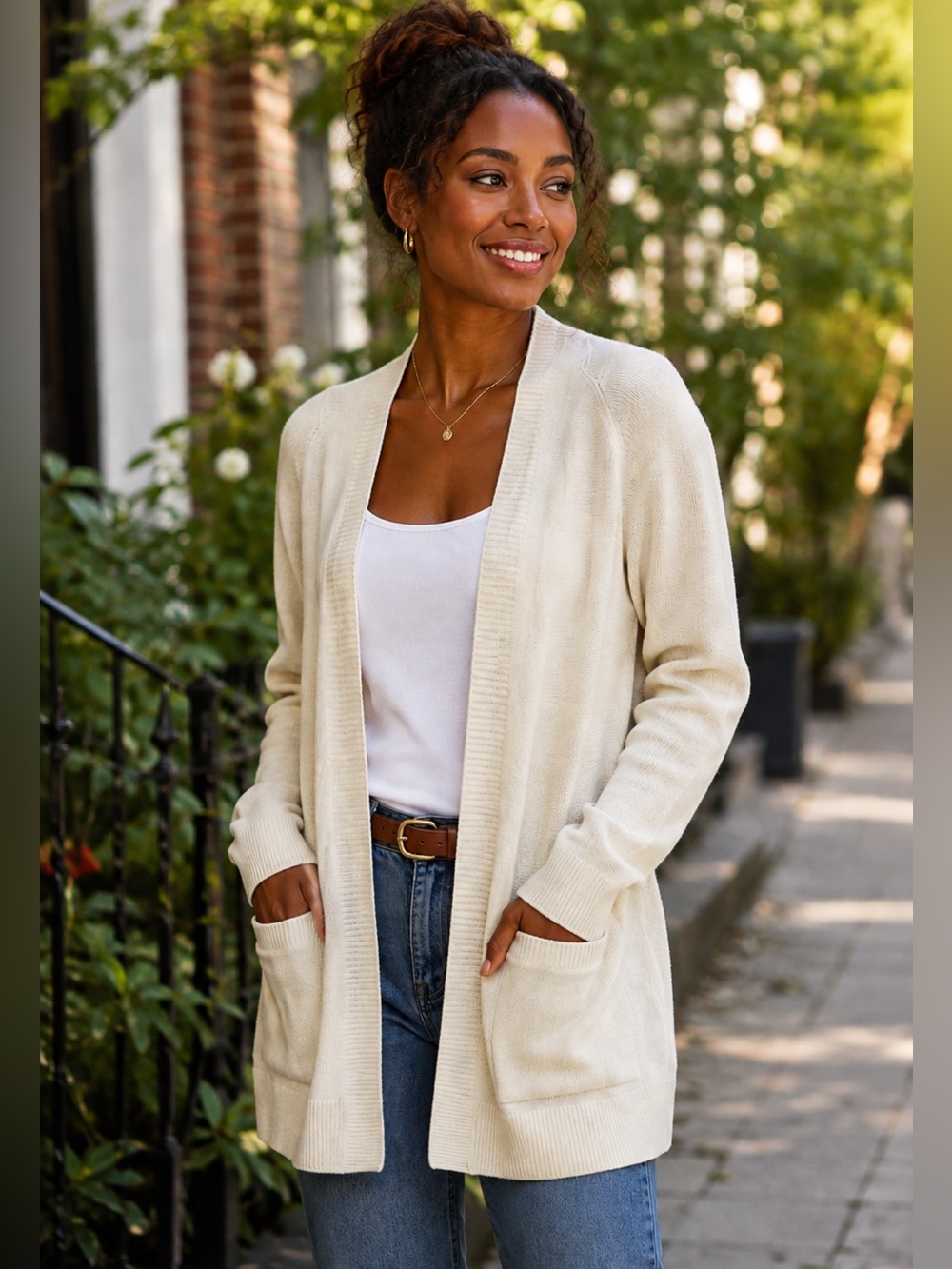 Talbots Cream Wool Blend Open-Front Rib Trim Cardigan with Pockets -Large